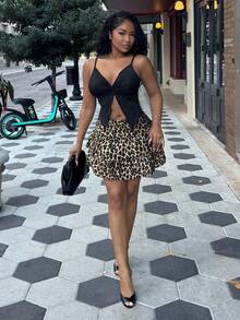 Alexandranx 女士扭纹前交叉无袖上衣，可爱上衣，黑色吊带背心 - 黑色 - 查看 6