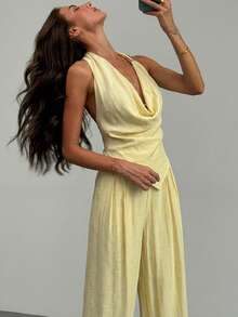 Aloruh 两件套:优雅简约混纺亚麻彩色休闲商务套装,适合春夏音乐节、复活节、圣帕特里克节、西部风、游牧风、生日派对、毕业典礼、学院风、学生装、日常穿着、休闲装、度假、邮轮旅行、海滩、日光浴、畅销款、街头风、婚礼宾客波西米亚风、通勤、早午餐、机场时尚等场合。套装包含一件不对称打结设计的棕色纹理短款上衣和一条阔腿亚麻裤。 - 黃色 - 查看 8