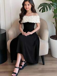 青少年女孩春夏休閒優雅拼接縮褶下擺露肩長洋裝 派對禮服晚禮服 拼接配色玫瑰花網格提花童裝 - 黑色 - 查看 6