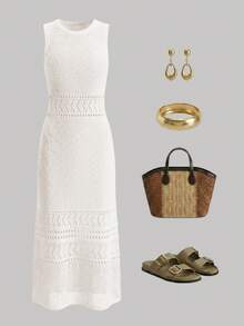 GlowEve White Knit Sleeveless Dress, Waist Cinched, French Hollow-Out Design, Versatile For Beach Vacation, Women Sweater Dress - White - View 8