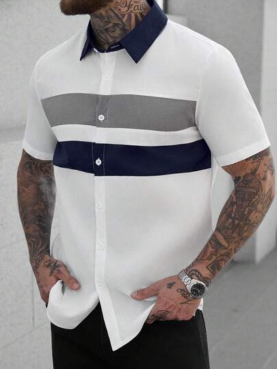 Manfinity CasualCool Men's Casual Colorblock Striped Short Sleeve Shirt, Summer