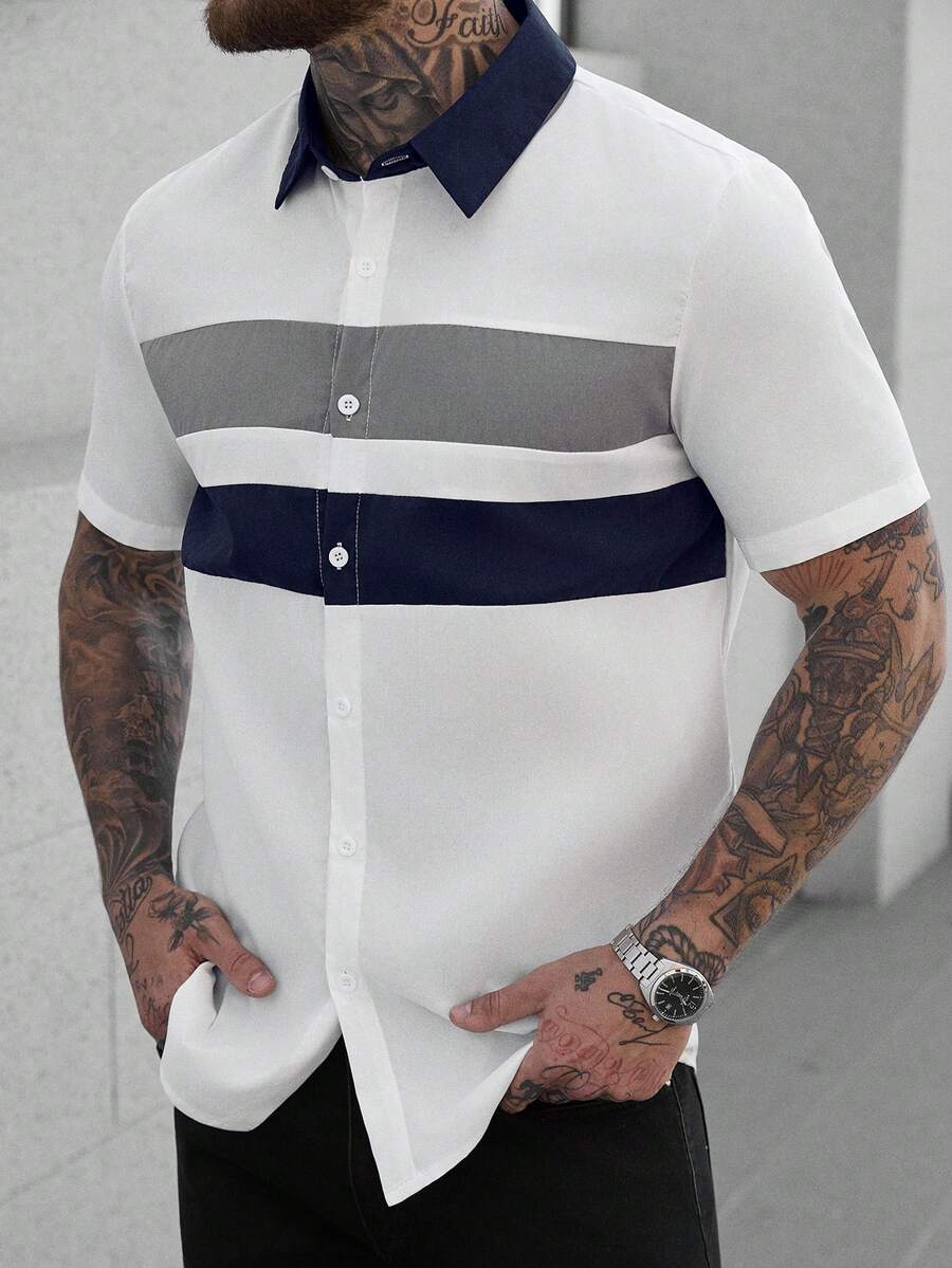Manfinity CasualCool 男士休閒拼色條紋短袖襯衫,海軍藍與白色夏季針織正裝襯衫,街頭風老錢風城市度假風 - 彩色 - 查看 1