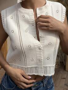 DAZY Women's Hollow Out Casual Crew Neck Cropped Knit Top - Apricot - View 4