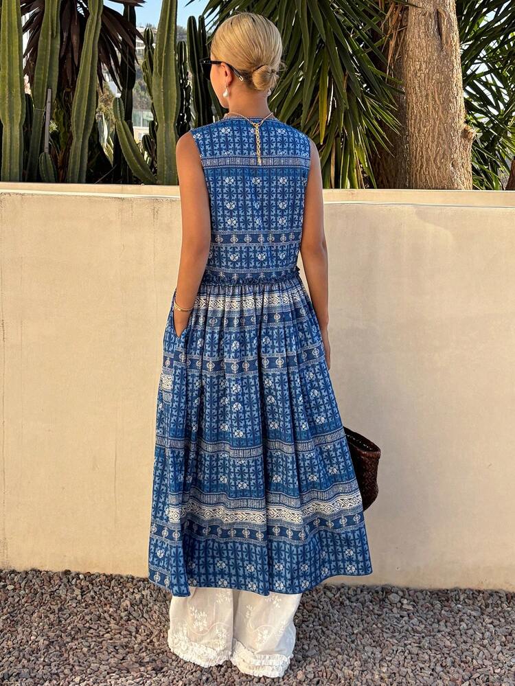 All-Over Floral Print Loose Round Neck Sleeveless Maxi Dress, Casual Summer Holiday Dress For Women Sundress Boho