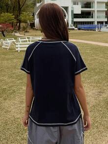 DAZY Camiseta con mangas raglán y costuras de gráfico con letra - Azul Marino - Ver 2