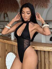 EgrlEra Women's Sexy Lace Hollow-Out Bodysuit - Black - View 7