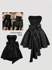 SHEIN MOD Đầm ống cỡ lớn màu trơn, thân áo xếp ly phía trước, gấu váy xòe. - màu đen - Xem 6