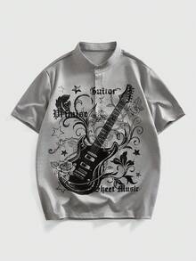 ROMWE MEN Street Life 男士立领字母吉他印花休闲百搭日常短袖T恤 - 灰色 - 查看 1