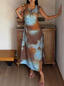DAZY Women's Sleeveless Tie-Dye Tie Dye Print Ruched Waist Nightgown, Summer Pajamas - Brown - View 3