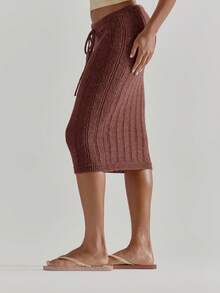 MUSERA Tie Front Mid Waist Fitted Midi Crochet Skirt Cute Beach Coverup Summer Spring Holiday Going Out Swim Sexy Crochet Knit - Coffee Brown - View 3