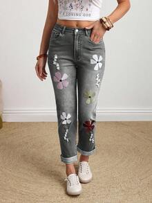 EMERY ROSE Jeans de talla grande con lavado, bordado floral y efecto desgastado - Gris - Ver 8