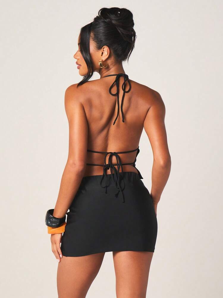 MISSGUIDED Black Halter Neck Crop Top And Bodycon Mini Skirt Two Piece Coord Set With Backless Tie Detail