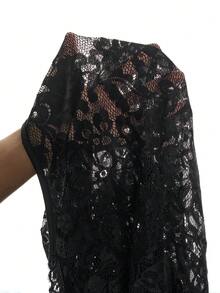 SHEIN Tall CURVE 大码女式V领蕾丝长袖修身性感上衣 - 黑色 - 查看 8