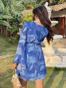 KARISMINA Vacation Women Front Tie Long Sleeve Summer Dress - Blue - View 2