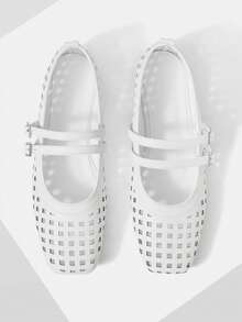 Mnmlis Pantofi negri cu grilă goală, pantofi vintage din piele neagră cu goluri, cataramă dublă și decor cu strasuri - alb - Vizualizare 1