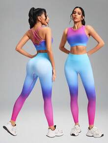 Innovista Seamless Women Gradient Print Sport Set Removable Cups Mesh Ventilation High-Waisted Leggings & Crop Top For Outdoor Yoga Indoor Cycling Boxing Running Commute Peloton Australian Open Fitness Glow Up January Gym Motivation Valentine Essentials Active Lifestyle Wear Gym Women Sets Sports Women Sets Seamless Set Light Blue Pink - Blue - View 9