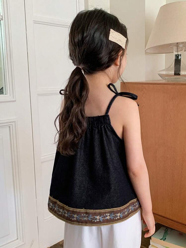 Young Girl Casual Floral Print Camisole Denim Top, Summer Vacation