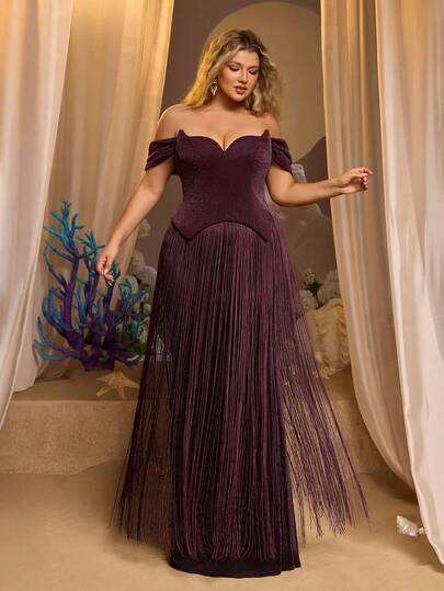 Glamrae Plus Size Elegant Luxury Sexy Knit Glitter Off-Shoulder Cat Collar Waist Tassel Decor Bodycon Dress, Suitable For Evening Party, Wedding, Business Events And Other Formal Occasions