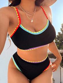 Swim Vcay Bộ bikini cạp cao phối màu hoa văn dành cho nữ, cỡ lớn. - màu đen - Xem 1