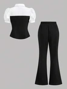 Girlism Bộ đồ thun cho bé gái tuổi teen, set 2 món phong cách thường ngày đi làm, áo tay phồng và quần ống loe dễ thương, áo và quần phối màu đen trắng. - Đen và trắng - Xem 2