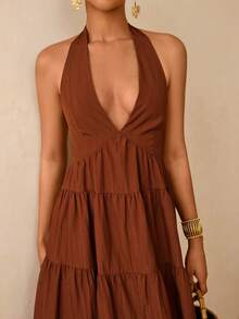 Vesra Women's Deep V-Neck Halter Long Dress For Beach Vacation - Burnt Orange - View 6
