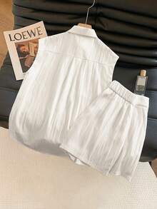 GlowEve Petite Women's Knight Embroidery Single-Breasted Sleeveless Shirt And Shorts Casual 2 Pieces Set - White - View 2