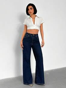 SHEIN Quần jean denim ống đứng cạp cao, màu xanh nhạt, chất liệu 100% cotton, kiểu dáng thường ngày. - Rửa trung bình - Xem 6
