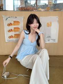 DAZY Women's Solid Color Pleated Casual Versatile Blouse For Dating & Outings Babydoll Top Summer - Blue - View 3
