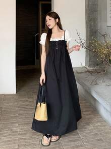 DAZY 女士夏季优雅褶皱中长连衣裙，百搭吊带裙 - 黑色 - 查看 1