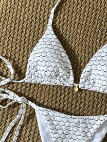 Swim Vcay Conjunto de bikini de mujer con cuello de halter, decoración de metal y tela de jacquard, para verano - Blanco y Negro - Ver 5