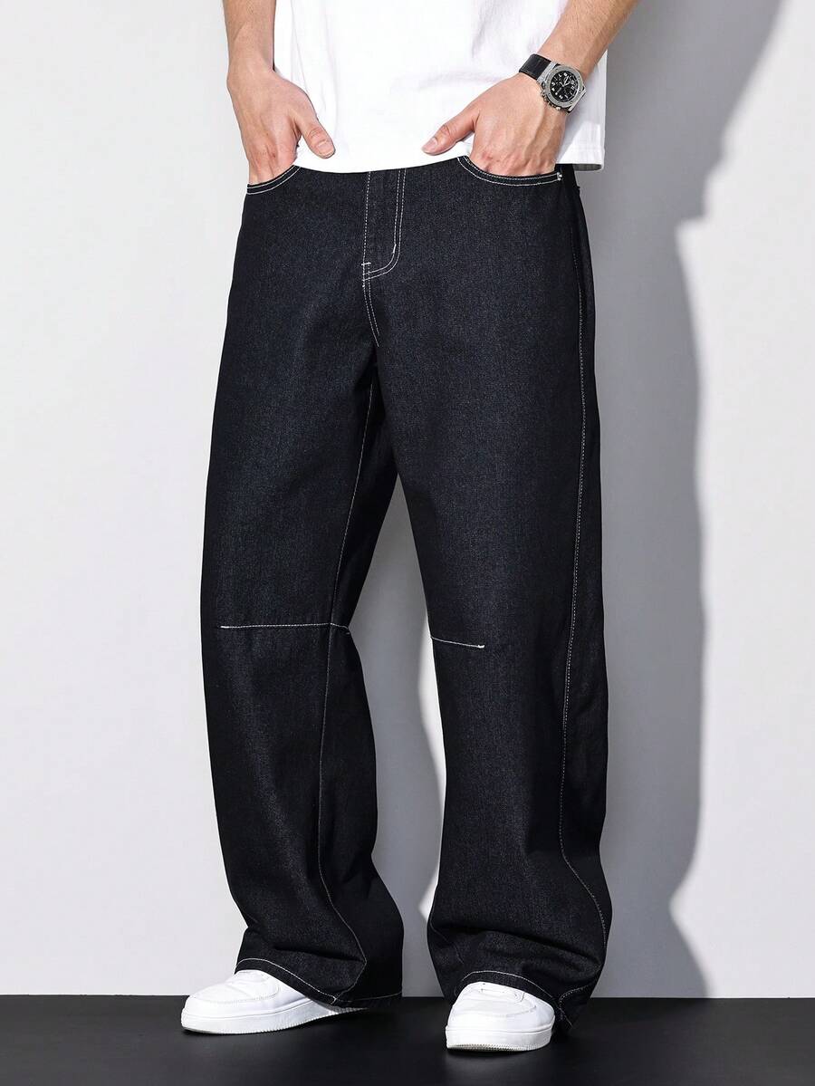 Manfinity Homme 休闲街头风水洗蓝色直筒宽松喇叭开衩长款牛仔裤，春夏款 - 藍色 - 查看 1