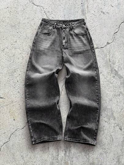 EVRINFINITE 1pc Justice Brother Vintage Washed Loose Fit Wide Leg Jeans, Casual & Couple Style (Distressed Hem)