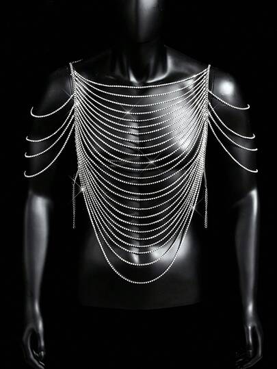 FeverCity Camiseta de malla transparente y sexy con cadena de rhinestones para hombre