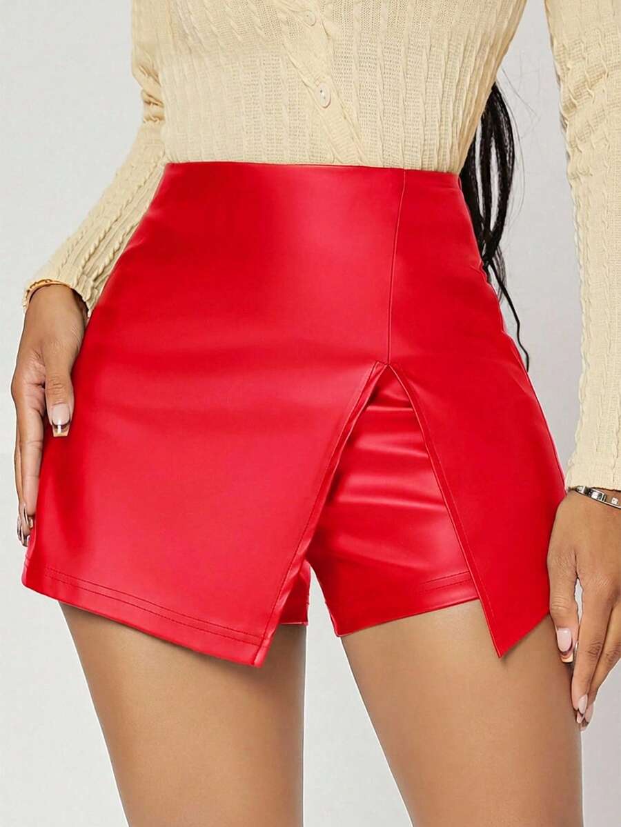 SHEIN SXY 春夏兩層下擺 PU 皮革黑色緊身裙褲 - 紅色 - 查看 1