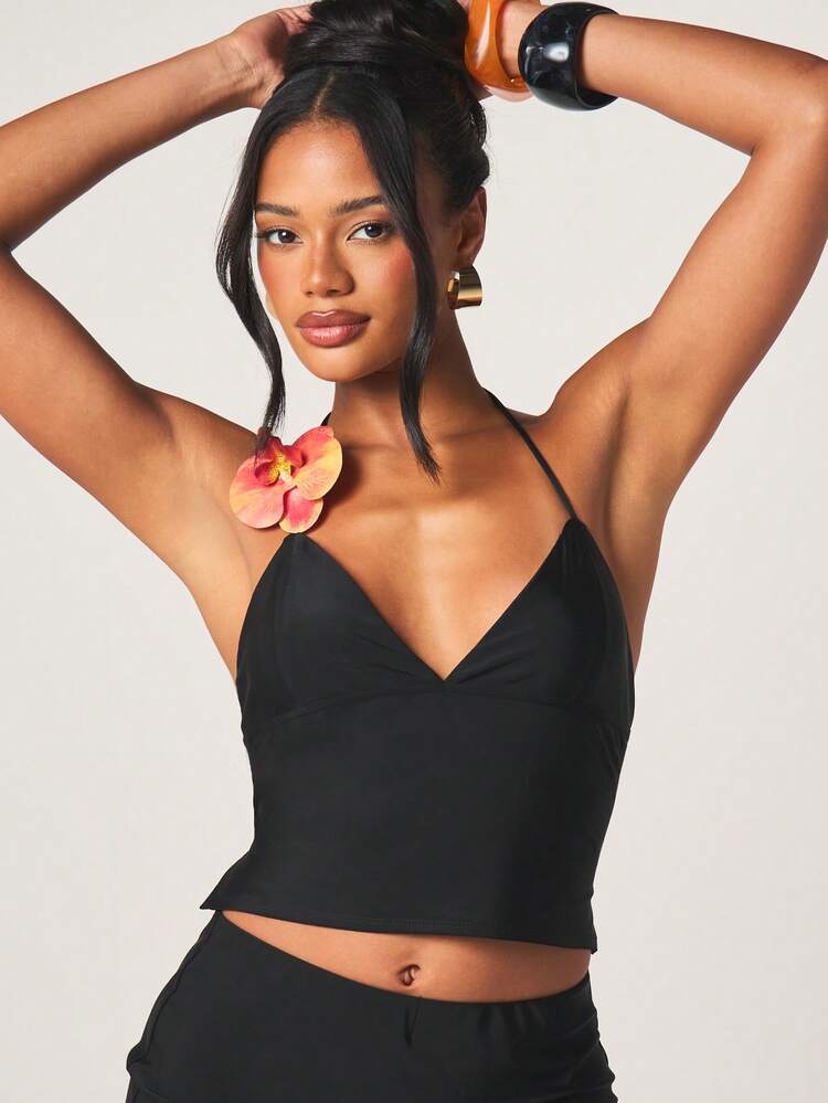 MISSGUIDED Black Halter Neck Crop Top And Bodycon Mini Skirt Two Piece Coord Set With Backless Tie Detail
