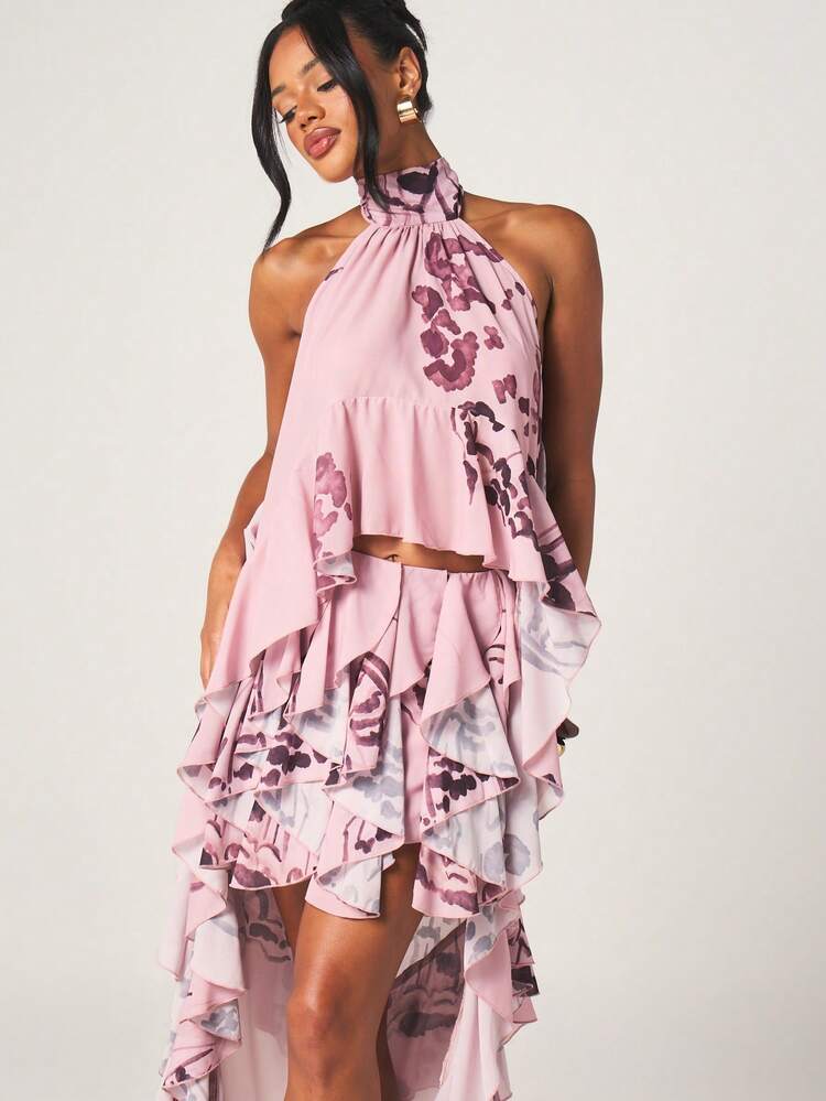 MISSGUIDED Halter Neck High-Low Top And Ruffled Mini Skirt Coord Set With Butterfly Print For Spring Summer Vacation