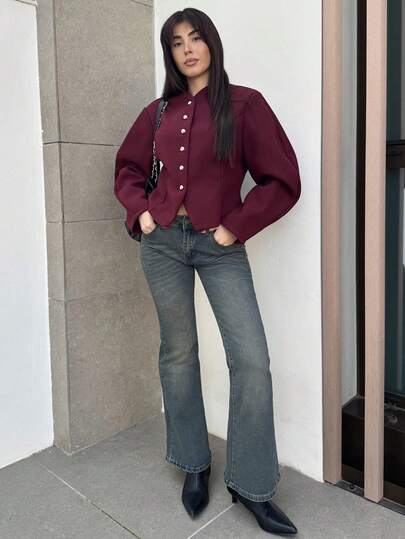 Hitanina Elegant Burgundy Wool Blend Coat For Commuting, Autumn/Winter,Women's Winter Clothes,Women's Winter Jacket,Winter Clothes For Women,Winter Clothes,Autumn Clothes For Women,Fall Outfits For Women,New Year Women's Clothes,Christmas Women's Clothing,Long Sleeve Going Out Top,Chic Women's Jacket,Ankara Red Coat,Old Money Style,Casual And Business Commuting,Solid Color Jacket,Waisted Jacket,Metal Buckle Decoration