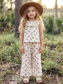 SHEIN Summer Young Girl Fresh Tulip Print Set, Sleeveless Ruffle Collar Blouse + Wide Leg Pants, Cream White Youthful Sweet Casual Style Vest Set - White - View 5