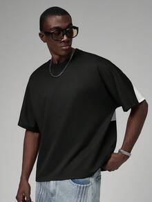 STYNVO 男士字母印花圆领休闲宽松T恤 男士图案T恤 男士印花T恤 男士超大图案T恤 街头风男士超大T恤 男士撞色T恤 - 黑色 - 查看 2