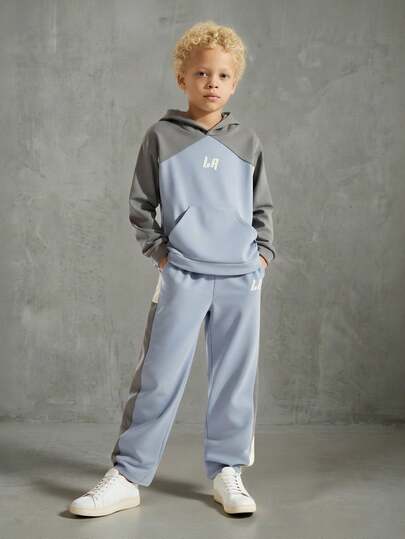 SHEIN Casuvi Kids 2pcs/Set Boys' Hooded Contrast Color LR Embroidery Long Sleeve Sweatshirt And Sweatpants Casual Sports Outfit