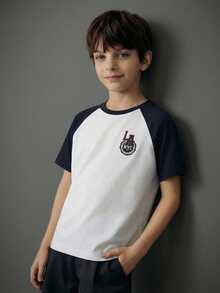 Casuvi Kids Tween Boy Casual Blue & White Color Block Raglan Sleeve Letter Graphic Round Neck T-Shirt, Left Chest LA Print Design, Suitable For Spring & Summer, Outdoor Play, School, Street Style, Party And Leisure Baseball Shirt For Kids Round Neck Short Sleeve Tee For Kids Kids Boy Summer Tshirt Boys T Shirts Half Sleeve - Blue and White - View 3