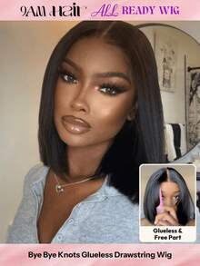 ALL READY WIG 防滑抽绳帽 7x5 告别打结蕾丝前额无胶 Yaki 直发波波头闭合假发 100% 真人发，带修饰脸型的层次感，预先修剪、预先拔毛、预先漂白 告别打结无胶抽绳假发 - SNatural - 查看 2