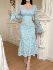 DAZY Women's Elegant Lace Square Collar Flare Sleeve Fishtail Midi Dress, Spring & Summer - Blue - View 3