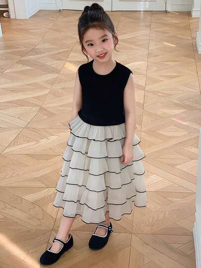 DAZY 女童撞色圆领层叠荷叶边无袖连衣裙