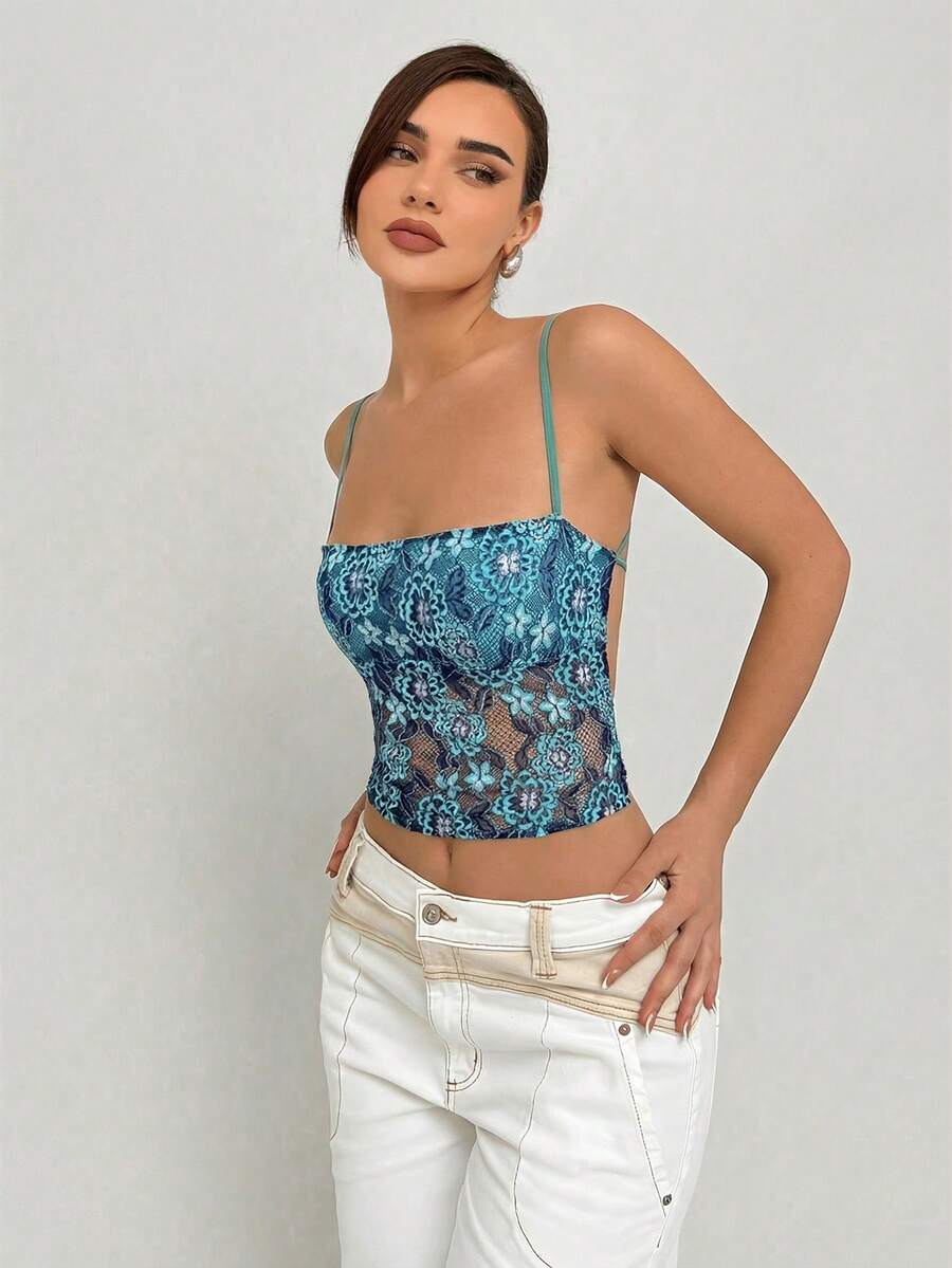Aloruh Romantic Date Lace Backless Halter Neck Camisole For Women - Cadet Blue - View 1