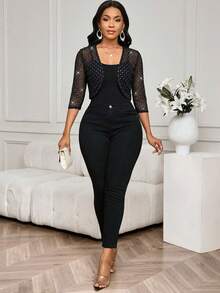 SHEIN Lady 女士水钻网眼开襟七分袖短款轻薄外套 - 黑色 - 查看 7