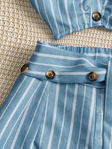GlowEve Ensemble 2 pièces pour femmes avec camisole à rayures et boutons, bretelles larges et short à taille nouée, tenue décontractée de vacances printemps/été, pour femmes de petite taille - Multicolore - Voir 4