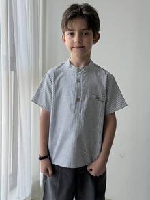 DAZY Tween Boy Striped Short Sleeve Button-Up Casual Shirt - Grey - View 3