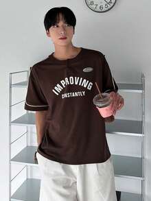DAZY Men's Letter Print Round Neck Half-Zip T-Shirt, Summer Graphic Tees Men - Brown - View 6