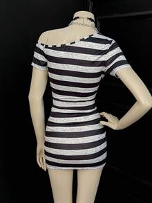 EgrlEra Women's Fashion Multi-Color Striped Asymmetric-Shoulder Rhinestone Embellished Dress - Multicolor - View 3